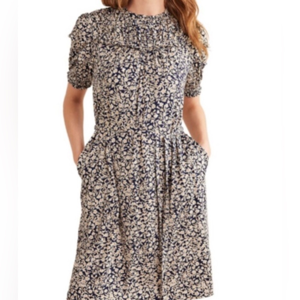Boden Jersey Knit Yoke Detail Peasant Belted Waist Midi Dress w/Pockets, US 4